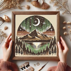 Moonlit Mountain Cross Stitch Pattern, Northern Lights Embroidery, Celestial Landscape & Nature Scene Stitch Pattern, PDF Instant Download