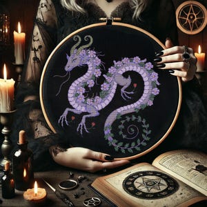 Mystical Floral Dragon Cross Stitch Pattern Fantasy Mythical Creature Dragon Embroidery Floral Dragon Needlework Elegant Dragon Cross Stitch