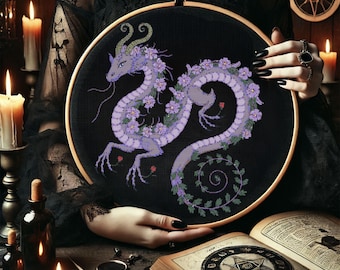 Mystical Floral Dragon Cross Stitch Pattern Fantasy Mythical Creature Dragon Embroidery Floral Dragon Needlework Elegant Dragon Cross Stitch