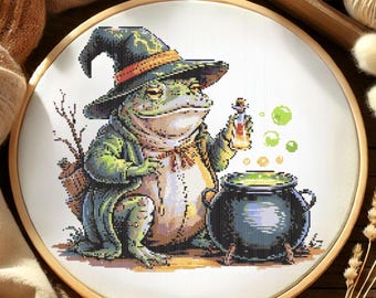 Magische Kröte Zauberer Hexe Kreuzstich Muster Fantasie Süßer Frosch Hexe mit Kessel Stickerei Halloween Tier Hexe Kreuzstich PDF
