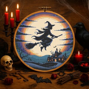 Haunted Night Halloween Cross Stitch Pattern – Witch in Flight with Bats, Stars, and Silhouetted Trees