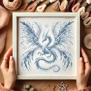 Mystical Ice Phoenix Cross Stitch Pattern, Dragon Fantasy Bird Embroidery, Winter Wonderland Cross Stitch, DIY Mythical Creature Needlework