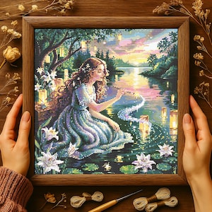 Magical Painting girl at twilight Cross Stitch Pattern Fantasy Girl Painting stars over water with lanterns celestial stitching Fantasy