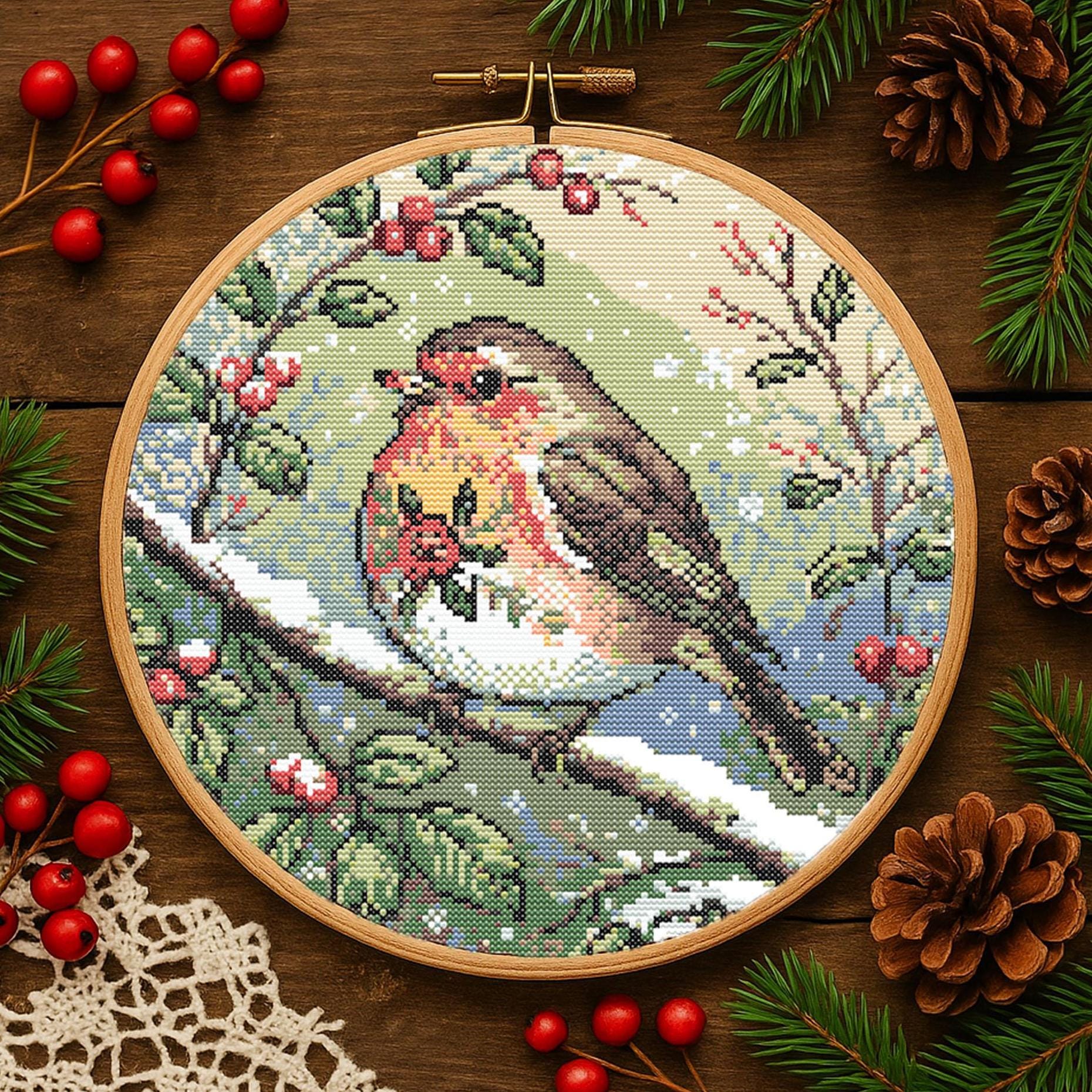Christmas Snowy Robin Cross Stitch Pattern Elegant Bird With Snowy Berries Wildflowers Embroidery Botanical Songbird Cross Stitch Pattern