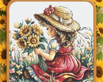 May include: A cross-stitch pattern featuring a young girl wearing a straw hat and a red dress, holding a bouquet of sunflowers. The girl is surrounded by green foliage and wildflowers.