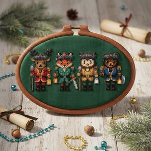 May include: A cross-stitch embroidery hoop featuring four anthropomorphic animal figures: a deer, a fox, an owl, and a bear, each dressed in colorful military-style outfits. The figures are set against a green background, framed by a wooden hoop, and surrounded by festive decorations.