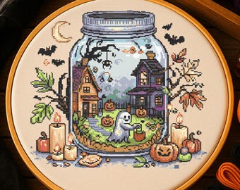 Spooky Halloween Jar With Ghost Cross Stitch Pattern Halloween Haunted House Jar Embroidery Halloween Ghost Pumpkins Cross Stitch PDF