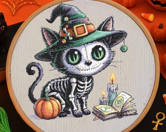 Patrón de punto de cruz de gato esqueleto lindo de Halloween Patrón de bordado de gato con sombrero de bruja y libro de hechizos Acogedor patrón de punto de cruz de gatito esqueleto de Halloween