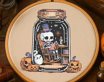 Skeleton Reading in a Jar Cross Stitch Pattern Halloween Skeleton and Ghost Embroidery Spooky Halloween Skeleton Cross Stitch PDF Beginner