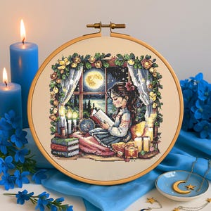 Girl Reading Cross Stitch Pattern Plant Lover Bookworm Embroidery Girl on Window Seat with Moon and Book Cross Stitch Gift for Book Lover