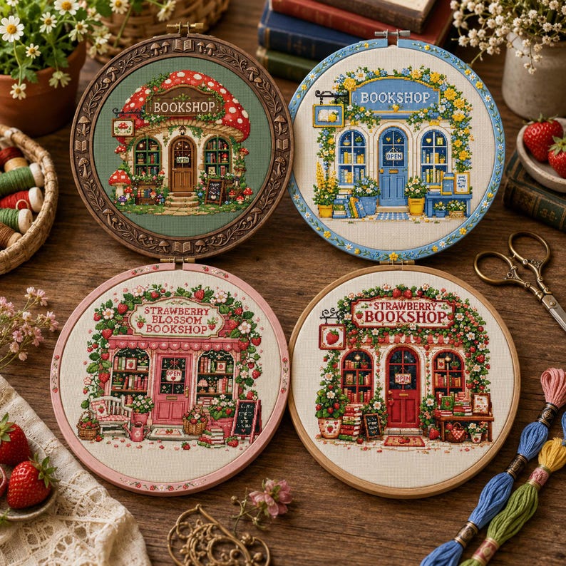 A warm boho orange Etsy listing photo for a 36 Bookshop Cross Stitch Bundle, featuring cozy embroidered bookstore designs displayed inside wooden embroidery hoops. The image has a soft autumn-inspired background with burnt orange, cream, beige, and brown tones, decorated with dried flowers, lace, leaves, vintage paper textures, and handmade craft details. The center text highlights “36 Bookshop Bundle” and “Cross-Stitch Patterns,” making the product clear for buyers who love cozy bookstores,