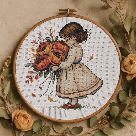 秋の少女クロスステッチパターン 牡丹を持つロマンチックな少女 刺繍