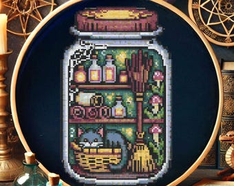 Halloween Witch Pantry Jar Cross Stitch Pattern Spooky Halloween Jar with Sleeping Cat Embroidery Witchy Bookshelf Cross Stitch PDF Beginner