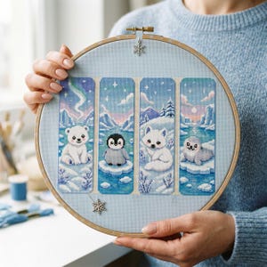 Lesezeichen Kreuzstich-Muster: Eisbär, Pinguin, Fuchs und Robbe Stickdatei PDF