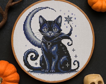 Hemelse maan kat kruissteekpatroon hekserij fantasie kat borduurwerk magische zwarte kat kosmische hemel heks kat Halloween kruissteek pdf