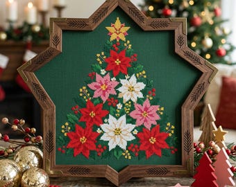 Kreuzstichmuster für einen floralen Weihnachtsbaum: Weihnachtsstern- und Stechpalmen-Stickerei (PDF)