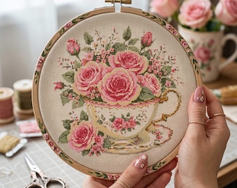 Vintage Rose Teacup Cross Stitch Pattern: Cottagecore Pink Flowers Embroidery PDF