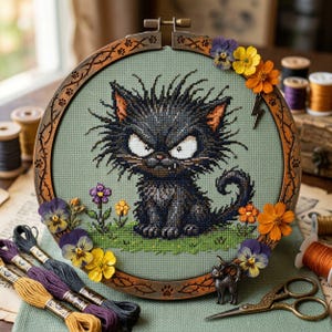 May include: Cross-stitch embroidery of a black cat with an angry expression, set in a wooden hoop. The cat is surrounded by colorful flowers and green grass. The hoop is decorated with paw prints and thorns.