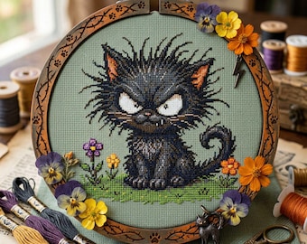 Lustiges Katzen Kreuzstich Stickmuster: Grumpy Kitty Garten Stickdatei PDF