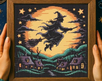 Hexe auf Besen Kreuzstichmuster Halloween Hexe Silhouette Stickmuster Mond Hexe Fliegen Kreuzstich Halloween für Liebhaber