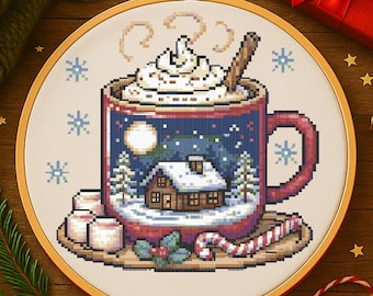 Christmas Hot Cocoa Mug Cross Stitch Pattern Christmas Cabin in Winter Cup Embroidery Pattern Magical Christmas Holiday Decor Stitching