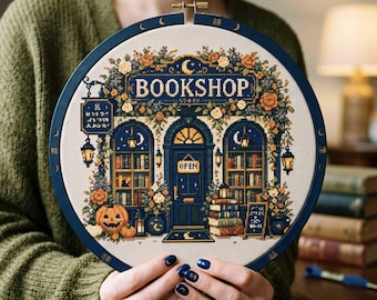 Kreuzstichmuster „Herbstliche Buchhandlung“: Halloween-Kürbis-Buchhandlung (PDF)