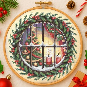 Christmas Window Cross Stitch Pattern Festive Holiday Window Scene with Tree Embroidery Pattern Cozy Christmas  for Winter Cross Stitch