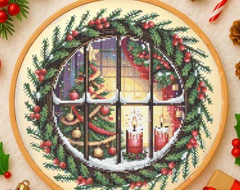Christmas Window Cross Stitch Pattern Festive Holiday Window Scene with Tree Embroidery Pattern Cozy Christmas  for Winter Cross Stitch