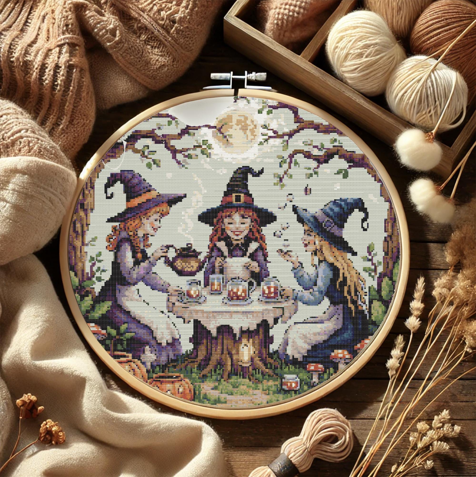 Halloween Witch Tea Party Cross Stitch Pattern Three Witches With ...