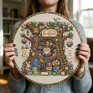 Treehouse Bookshop Kruissteekpatroon: pdf-borduurwerk fantasiebibliotheek uillezer