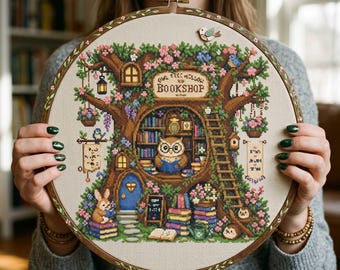 Patrón de punto de cruz de la librería Treehouse: Biblioteca fantástica con búho lector (PDF)