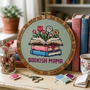 Bookish Mama Cross Stitch Pattern: Floral Book Stack for Mom, Cozy Reader Embroidery PDF