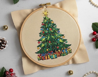 Classic Christmas Tree Cross Stitch Pattern: Festive Ornaments, Star Topper Holiday Embroidery PDF