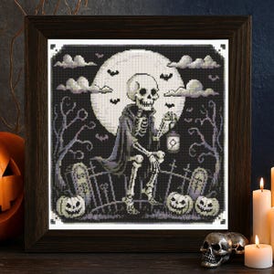 Haunted Graveyard Skeleton Cross Stitch Pattern Spooky Skeleton Embroidery Victorian Full Moon Skeleton Spooky Halloween Cross Stitch PDF