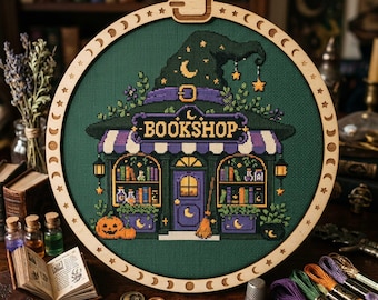 Kreuzstichmuster Hexenbuchhandlung: Halloween-Ladenfront mit Kürbis-Stickerei (PDF)