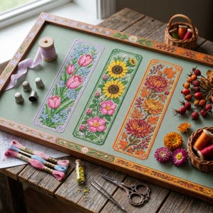 May include: A wooden frame containing three vertical cross-stitch panels featuring tulips, sunflowers, and chrysanthemums. Accessories include a wooden spool with lavender ribbon, three metal thimbles, embroidery floss, a glass vial of beads, and scissors.