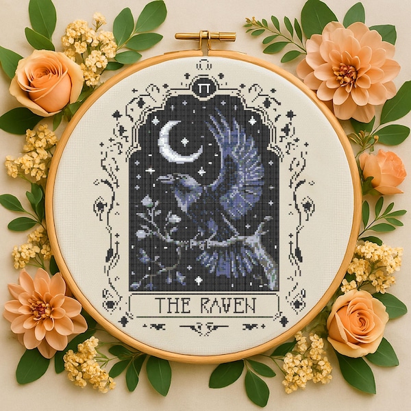 Patrón de punto de cruz de cuervo gótico, bordado de Halloween de luna gótica con cuervo, punto de cruz de tarot de pájaro oscuro espeluznante para principiantes