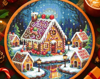 Christmas Gingerbread House Cross Stitch Pattern Candy Cane Holiday Village Embroidery Pattern Gingerbread House Village Cross Stitch PDF