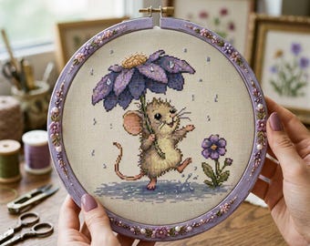 Mouse Cross Stitch Pattern: Rainy Day Purple Flower Umbrella Animal Embroidery PDF