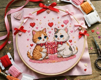 Love Cats Cross Stitch Pattern: Sweet Kitten Pair Sharing Valentine Present Embroidery PDF