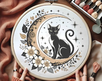 Moonlit Black Cat Cross Stitch Pattern, Gothic Witchy Cross Stitch, Crescent Moon & Floral Design, Mystical Aesthetic Cross Stitch Chart