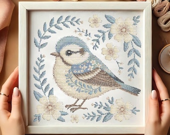 Floral Bluebird Cross Stitch Pattern, Elegant Bird & Flowers Embroidery, Nature-Inspired Needlework, Botanical Songbird Cross Stitch PDF