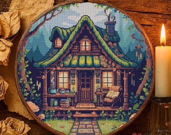 Enchanted Forest House Cross Stitch Pattern Cozy Forest Cabin Autumn Embroidery Forest Mushrooms Magical Woodland Cottage Cross Stitch PDF