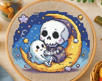 Cute Skeleton and Ghost Cross Stitch Pattern Halloween Skeleton Embroidery Pattern Cozy Halloween Skeleton Skeleton Cross Stitch Beginner