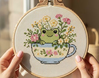 Spring Frog Cross Stitch Pattern: Garden Frog with Flowers in Teacup Embroidery PDF
