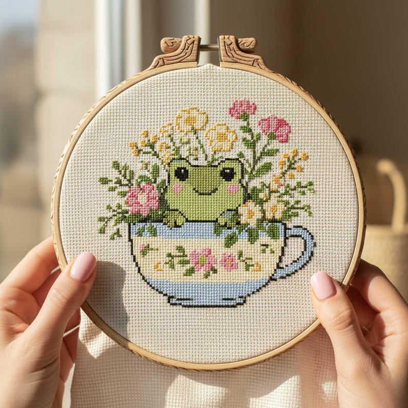 Spring Frog Cross Stitch Pattern: Garden Frog With Flowers in Teacup ...