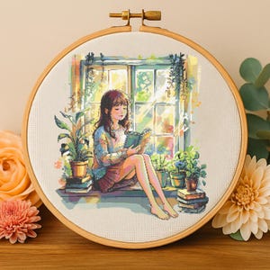 Cozy Window Reading Girl Cross Stitch Pattern Plant Lover Bookworm Embroidery Girl on Window Seat with Plants and Book Cross Stitch Beginner