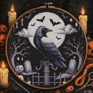Gothic Raven Cross Stitch Pattern Fantasy Night Sky Raven Halloween Embroidery Spooky Dark Bird Tarot Skeleton Pumpkin Cross Stitch Beginner