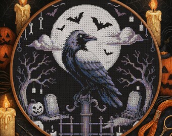 ゴシック レイヴン クロスステッチ パターン ファンタジー 夜空 レイヴン ハロウィン 刺繍 不気味なダークバード タロット スケルトン カボチャ クロスステッチ 初心者向け
