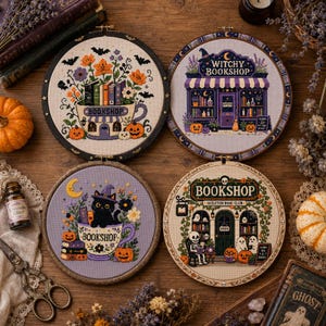 A warm boho orange Etsy listing photo for a 36 Bookshop Cross Stitch Bundle, featuring cozy embroidered bookstore designs displayed inside wooden embroidery hoops. The image has a soft autumn-inspired background with burnt orange, cream, beige, and brown tones, decorated with dried flowers, lace, leaves, vintage paper textures, and handmade craft details. The center text highlights “36 Bookshop Bundle” and “Cross-Stitch Patterns,” making the product clear for buyers who love cozy bookstores,